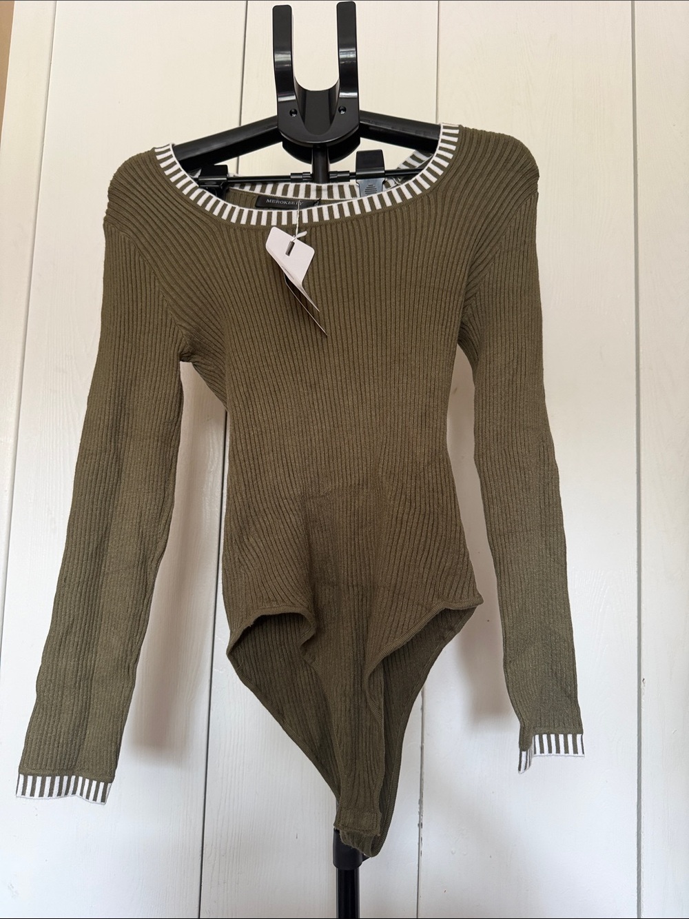 Ribbed Long-Sleeve Bodysuit with Contrast Trim in Olive